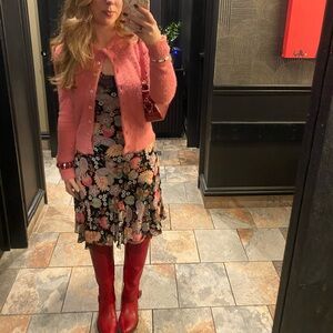 Lily Floral Lace Trim Midi Dress - Black and Pink